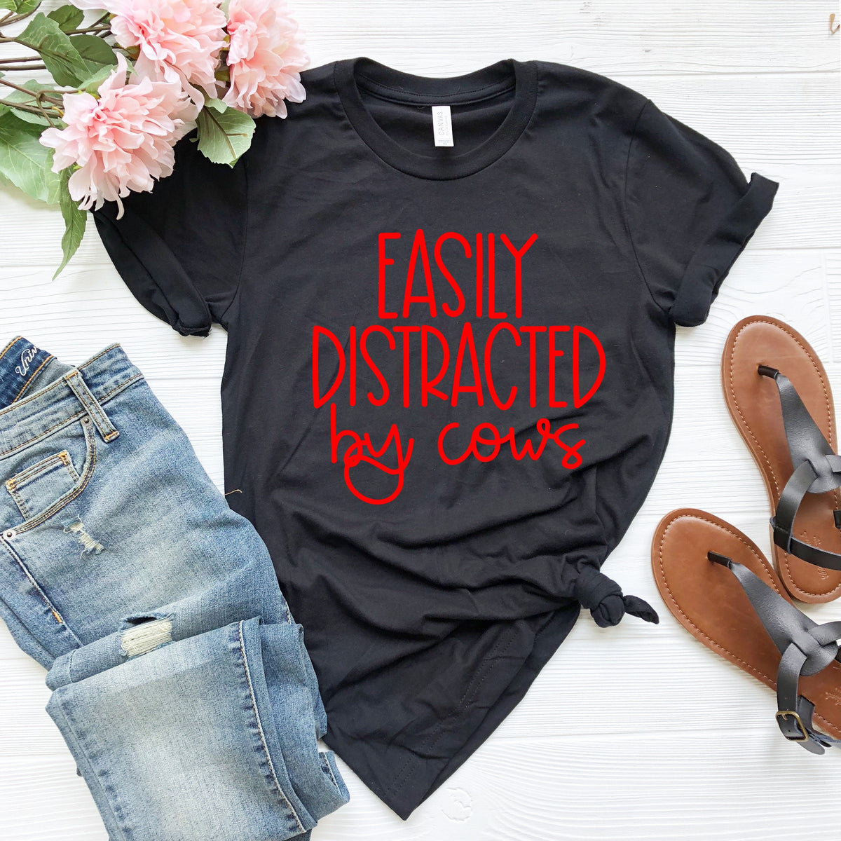 Easily Distracted by Cows Shirt: Funny Cow Tee, Country Farm