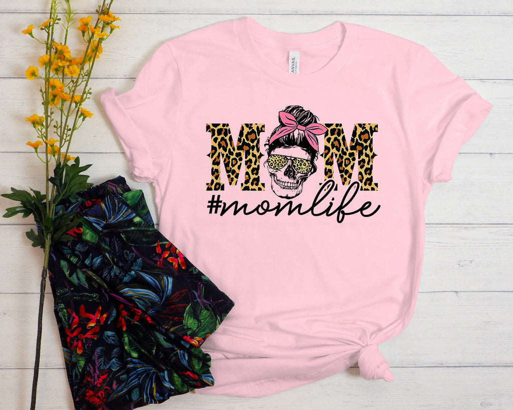 Mom Skull T-Shirt, Messy Bun, Leopard Print, Mom Life