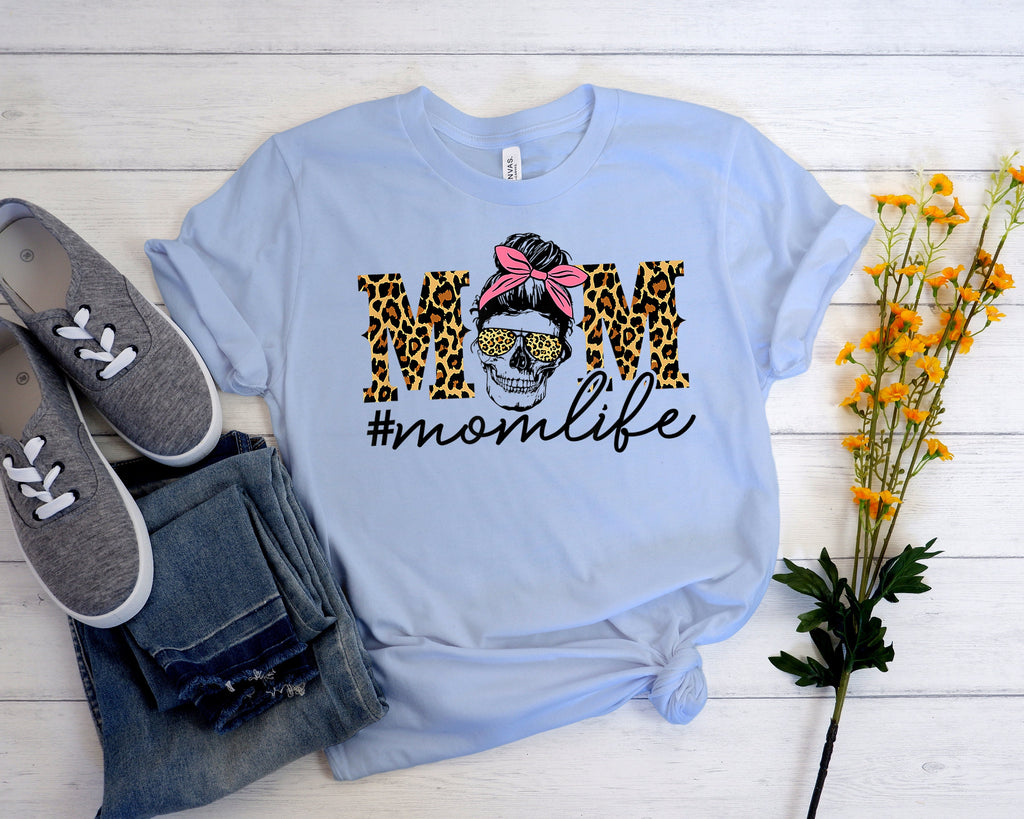 Mom Skull T-Shirt, Messy Bun, Leopard Print, Mom Life