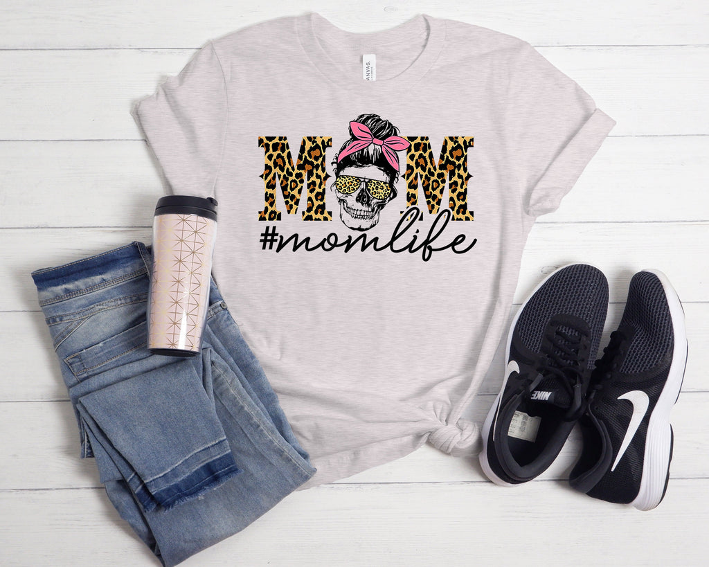 Mom Skull T-Shirt, Messy Bun, Leopard Print, Mom Life