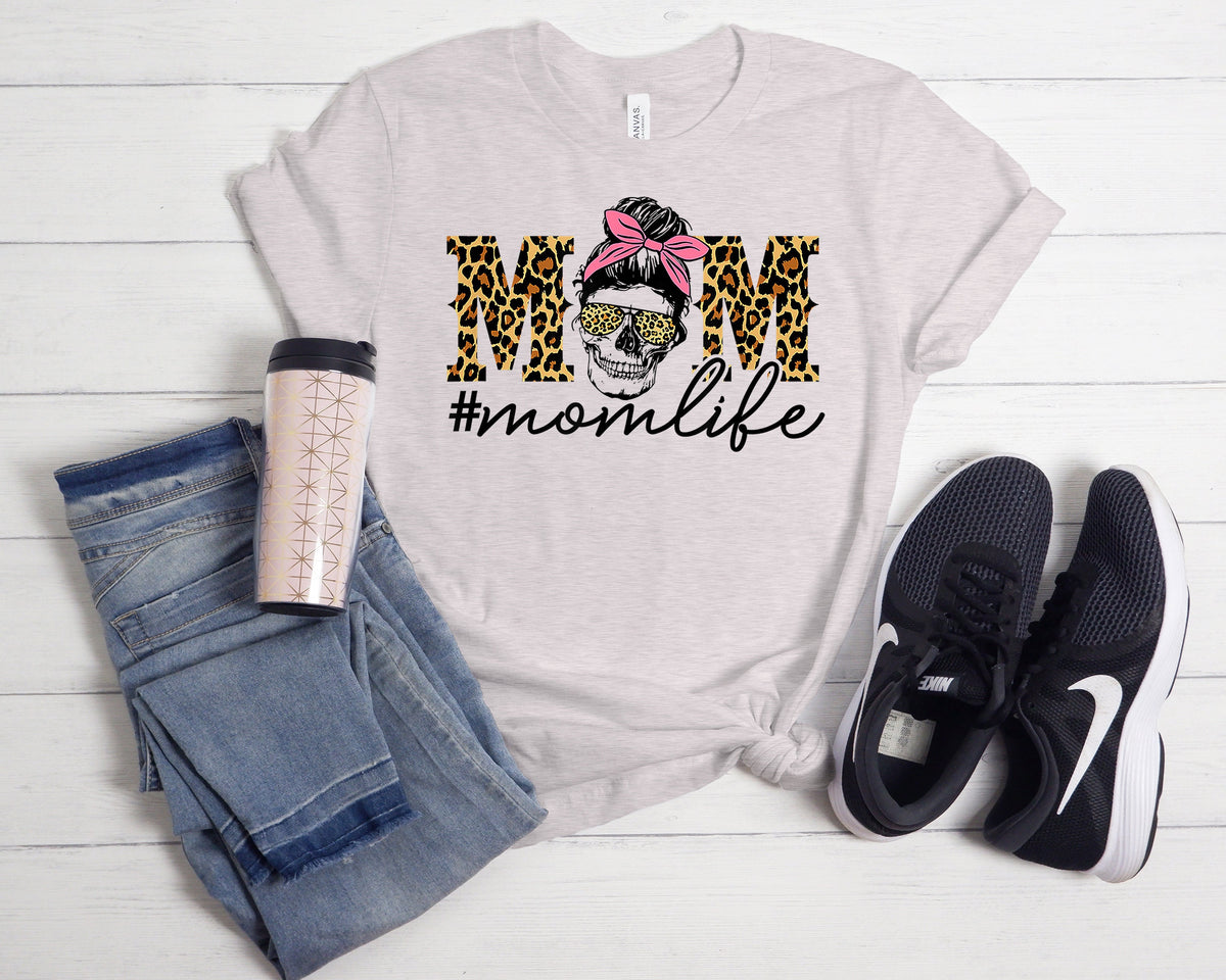 Mom Skull T-Shirt, Messy Bun, Leopard Print, Mom Life