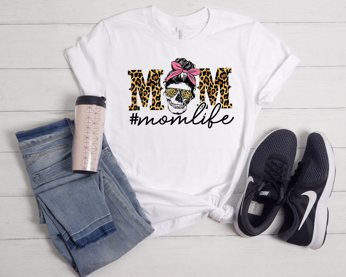 Mom Skull T-Shirt, Messy Bun, Leopard Print, Mom Life