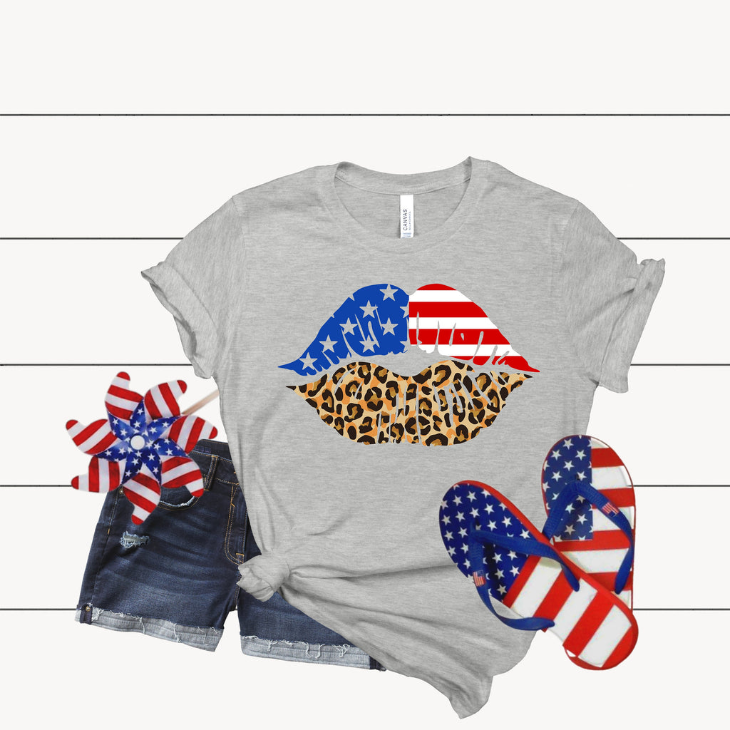 American Flag Lips Shirt: Leopard Print USA Patriotic Tee