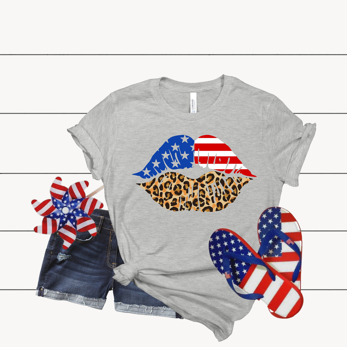 American Flag Lips Shirt: Leopard Print USA Patriotic Tee