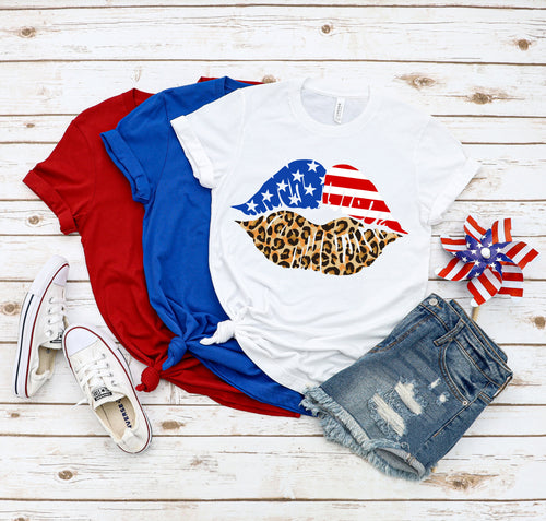 American Flag Lips Shirt: Leopard Print USA Patriotic Tee