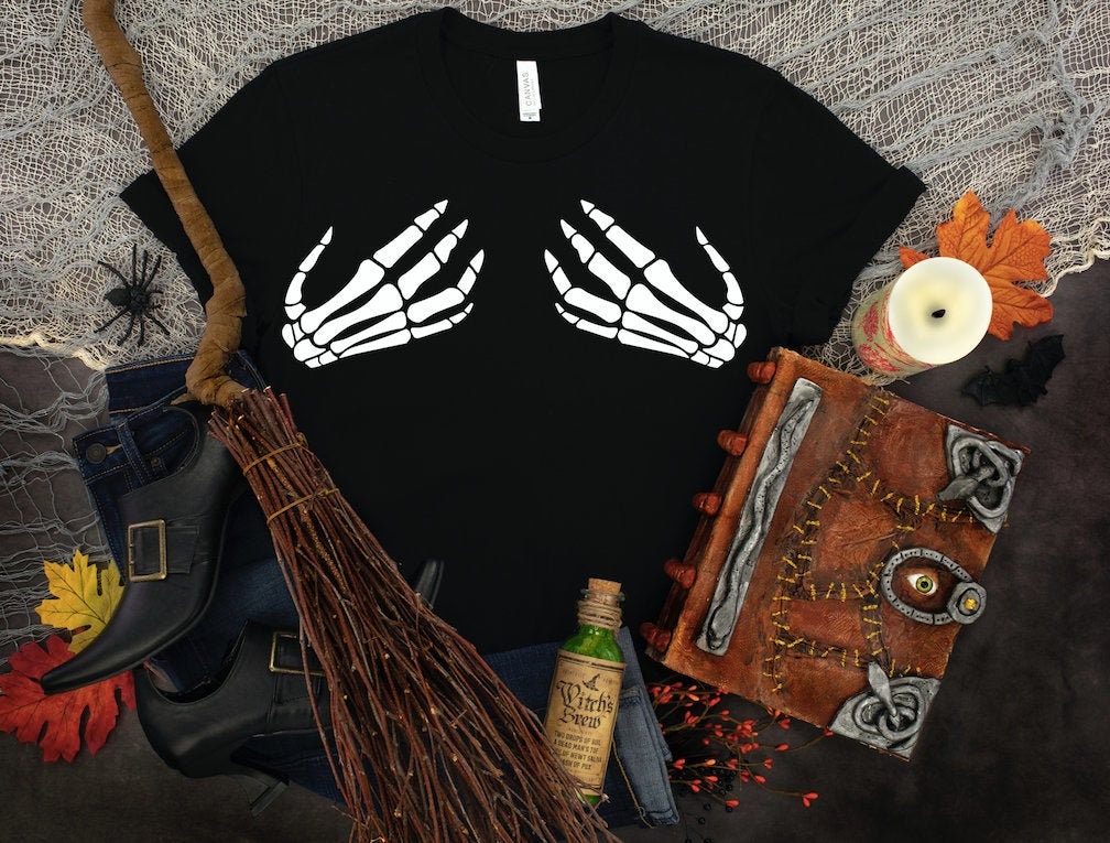 Skeleton Hand Bra T-Shirt: Funny Halloween Party Shirt
