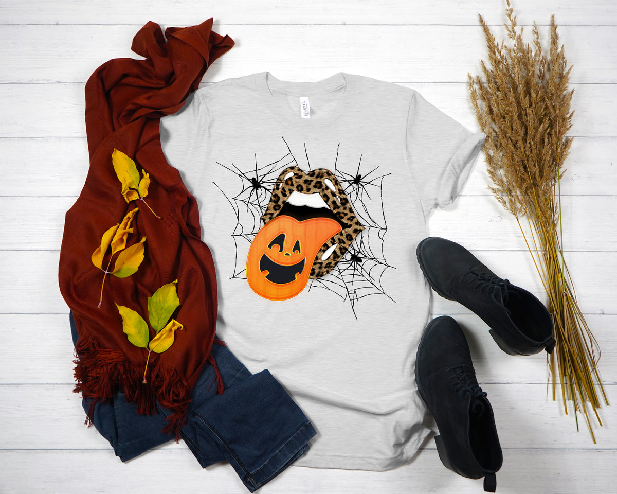 Leopard Lips Halloween Shirt: Pumpkin Tongue Graphic Tee