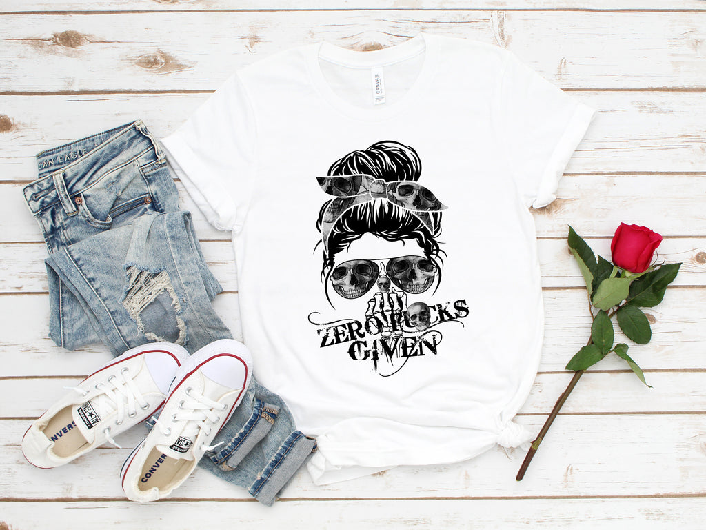 Zero F Given Skull T-Shirt: Messy Bun Skull Art Tee