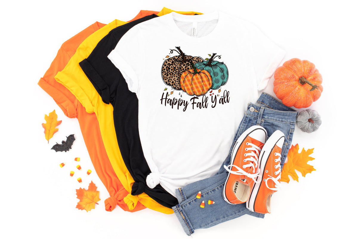 Fall Pumpkin Graphic Tee: "Happy Fall Y'all" Women's Shirt