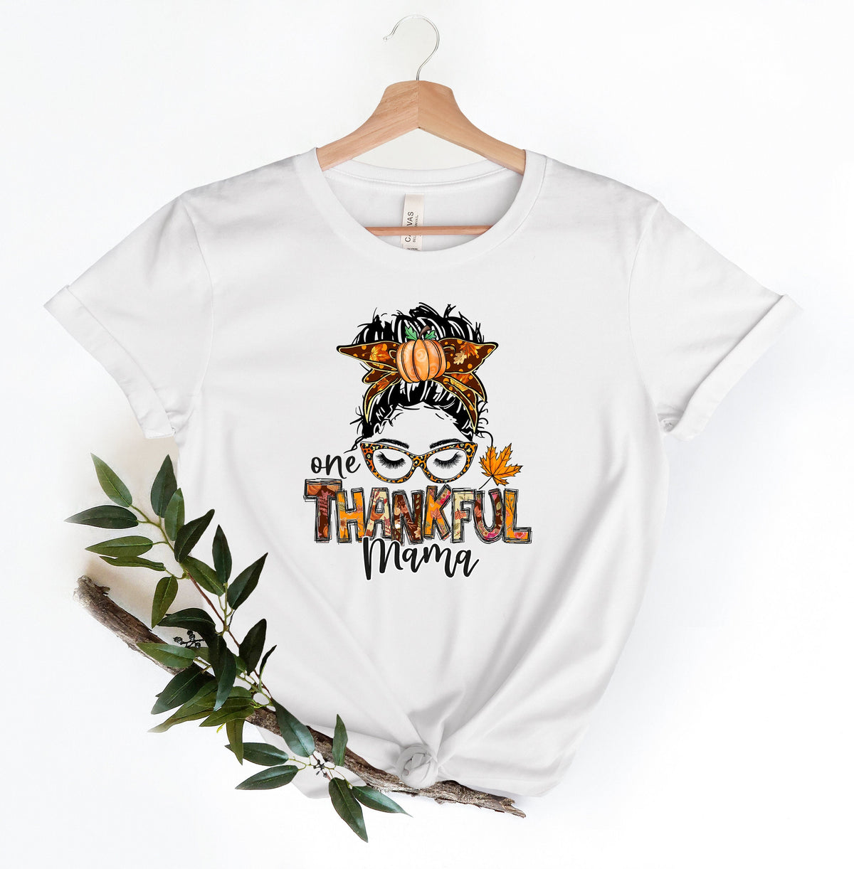 Thankful Mama Shirt: Fall Thanksgiving Messy Bun Tee