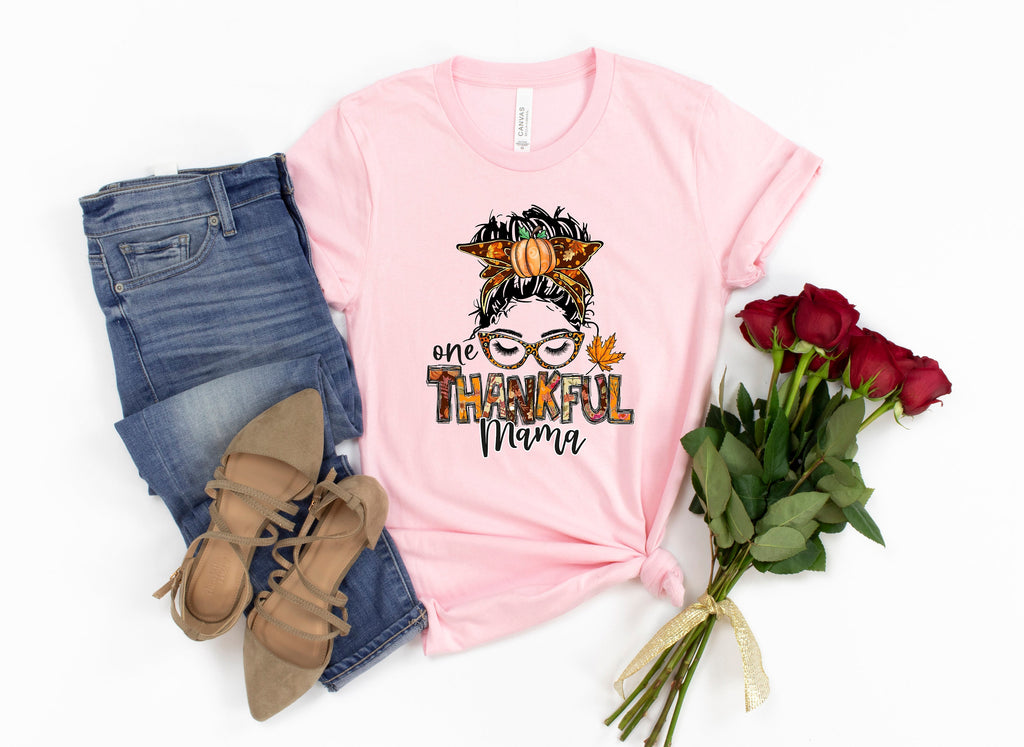 Thankful Mama Shirt: Fall Thanksgiving Messy Bun Tee