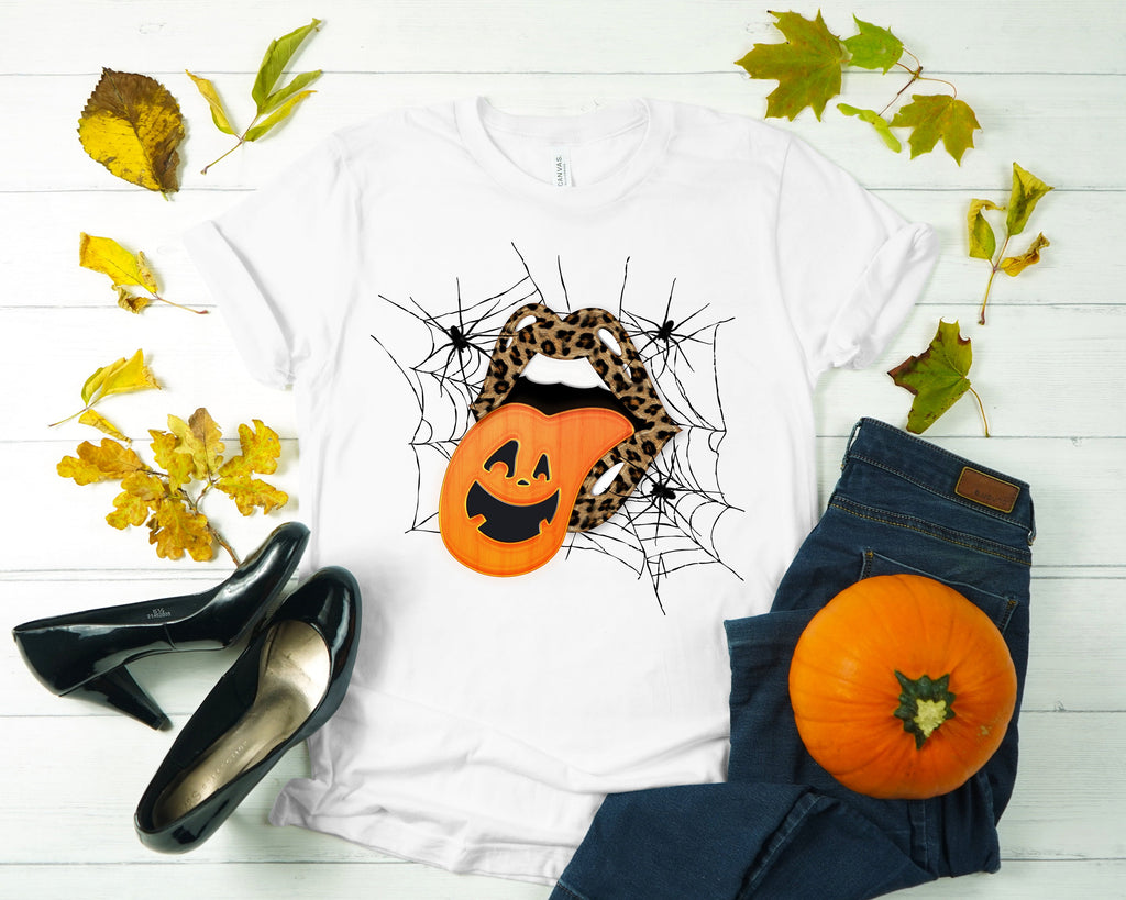 Leopard Lips Halloween Shirt: Pumpkin Tongue Graphic Tee