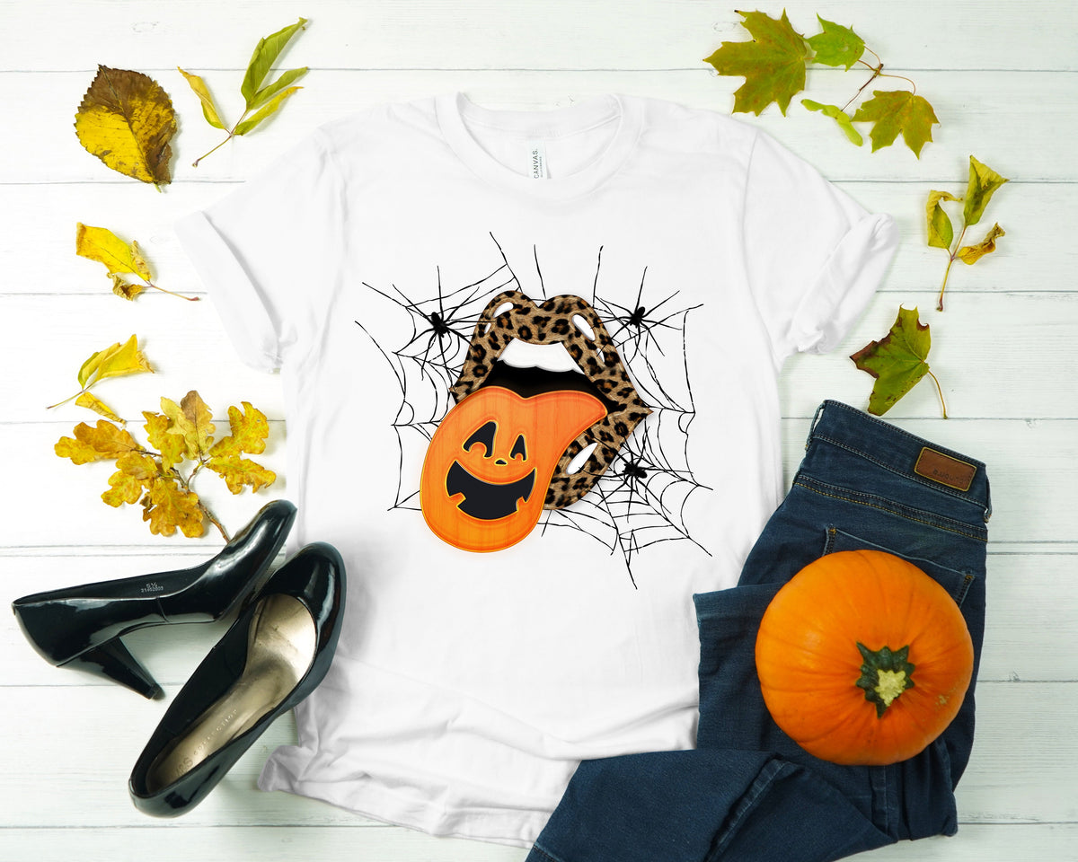 Leopard Lips Halloween Shirt: Pumpkin Tongue Graphic Tee