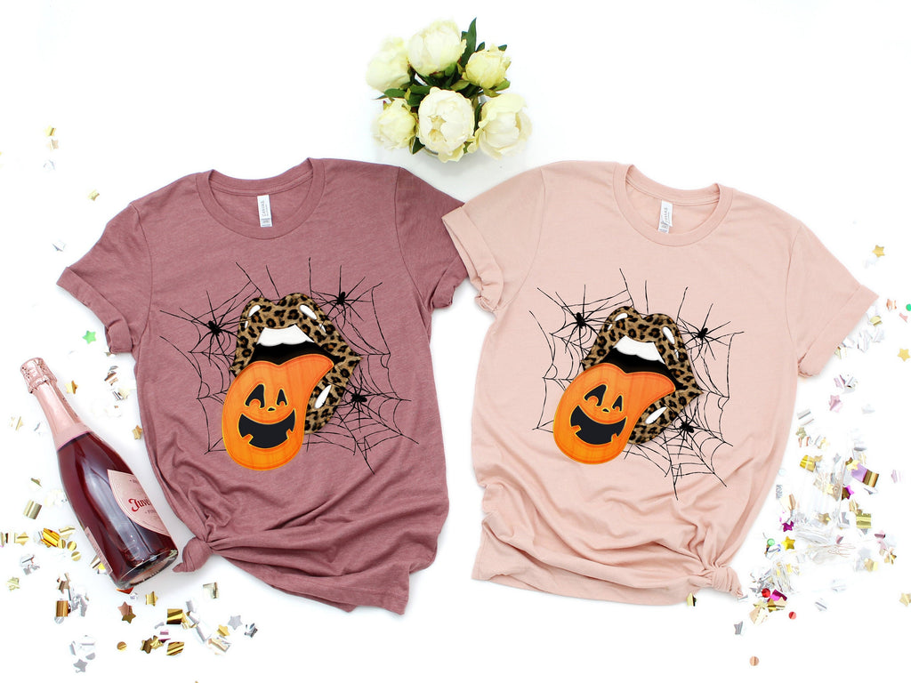 Leopard Lips Halloween Shirt: Pumpkin Tongue Graphic Tee