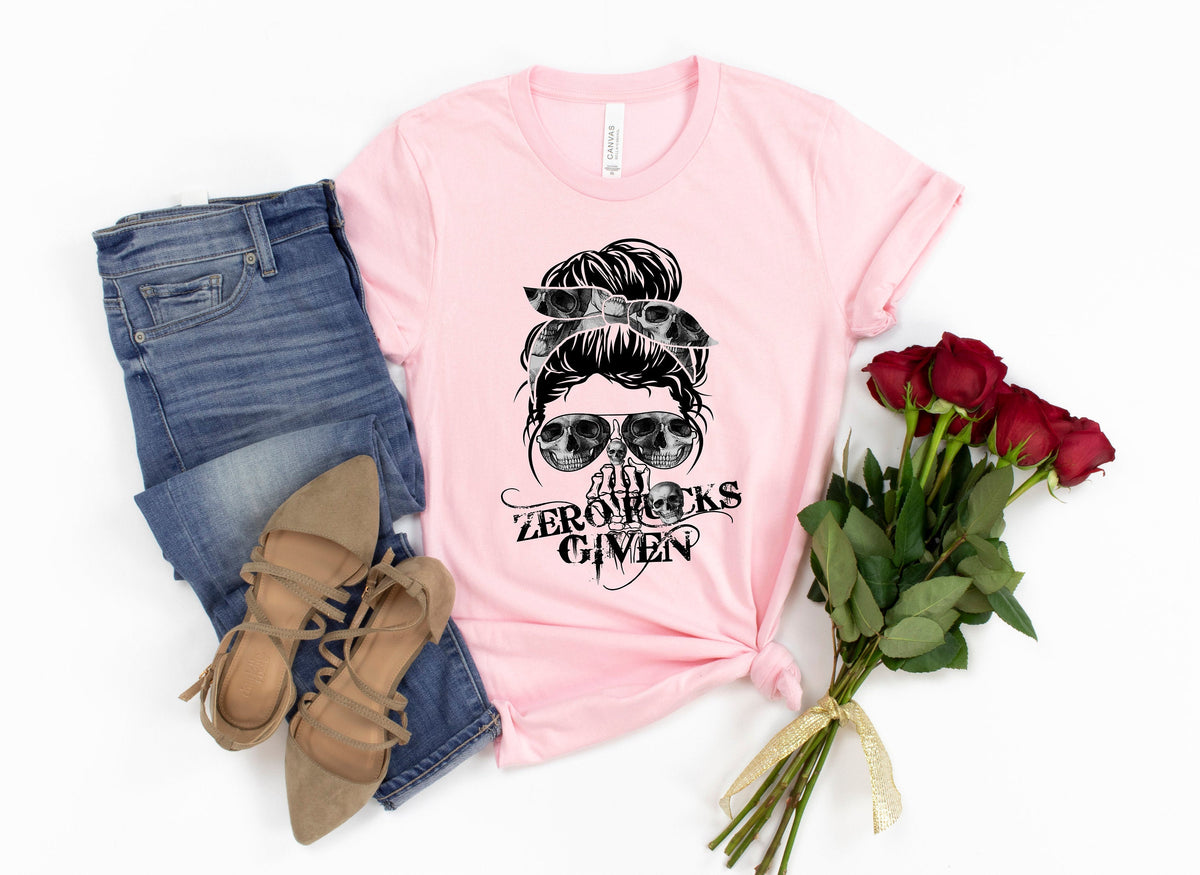 Zero F Given Skull T-Shirt: Messy Bun Skull Art Tee
