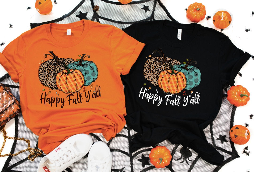 Fall Pumpkin Graphic Tee: "Happy Fall Y'all" Women's Shirt