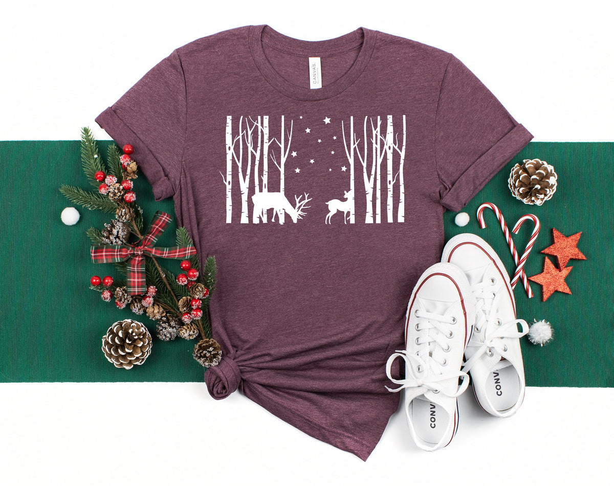 Winter Scene Shirt: Deer, Trees, Stars - Holiday Tee