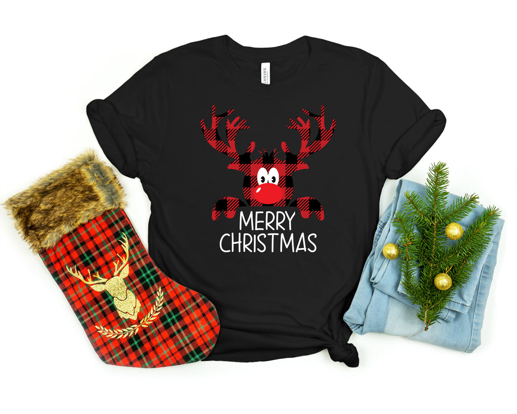 Buffalo Plaid Reindeer Christmas Shirt: Peeping Xmas Family Tee