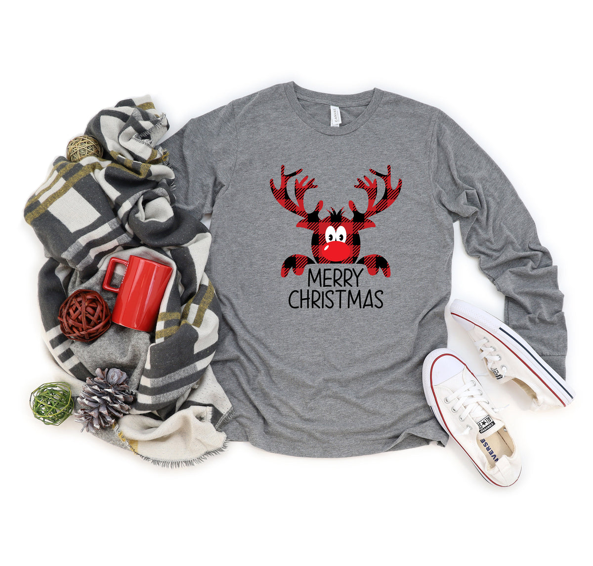 Buffalo Plaid Reindeer Christmas Shirt: Peeping Xmas Family Tee