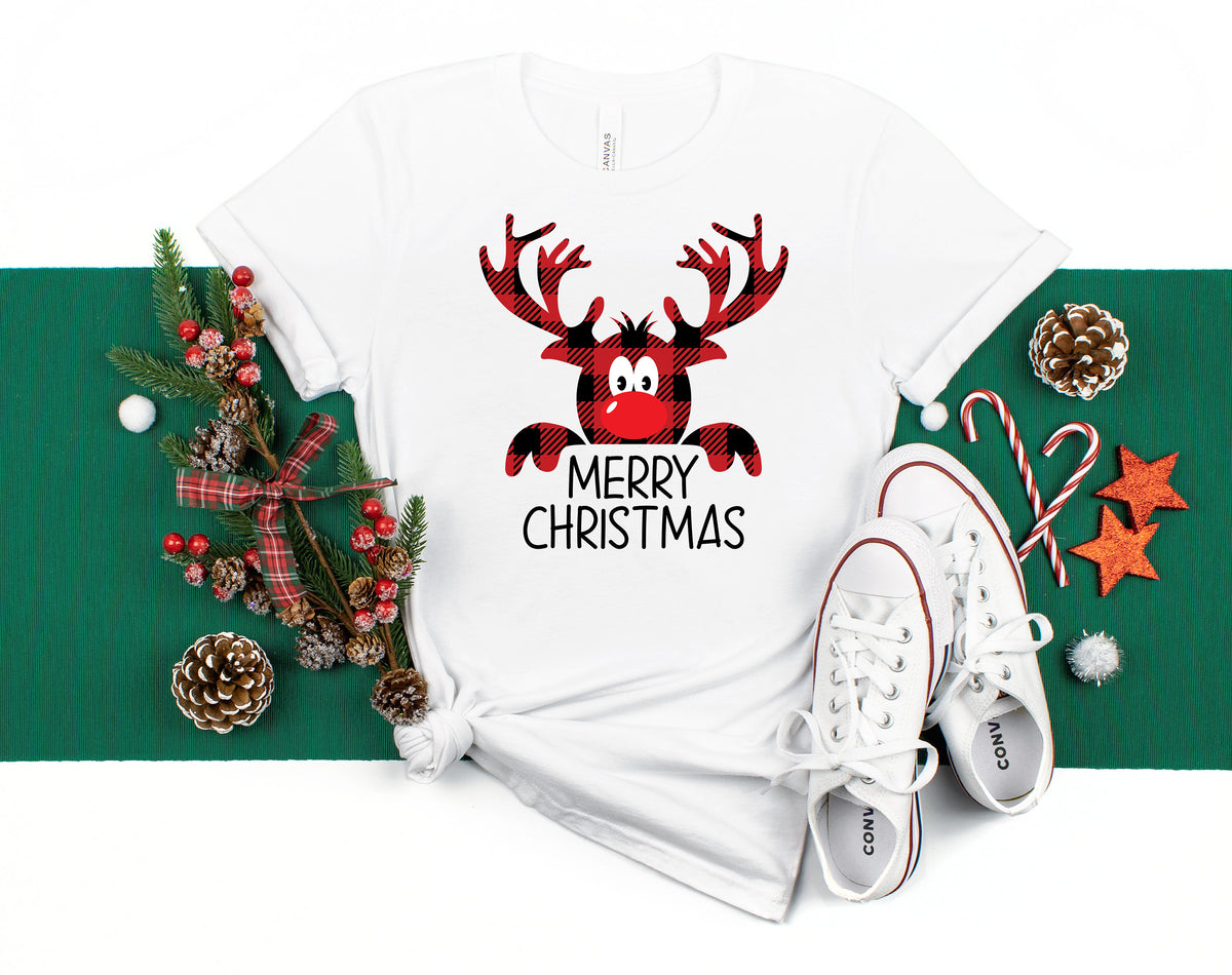 Buffalo Plaid Reindeer Christmas Shirt: Peeping Xmas Family Tee