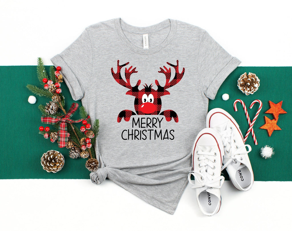 Buffalo Plaid Reindeer Christmas Shirt: Peeping Xmas Family Tee