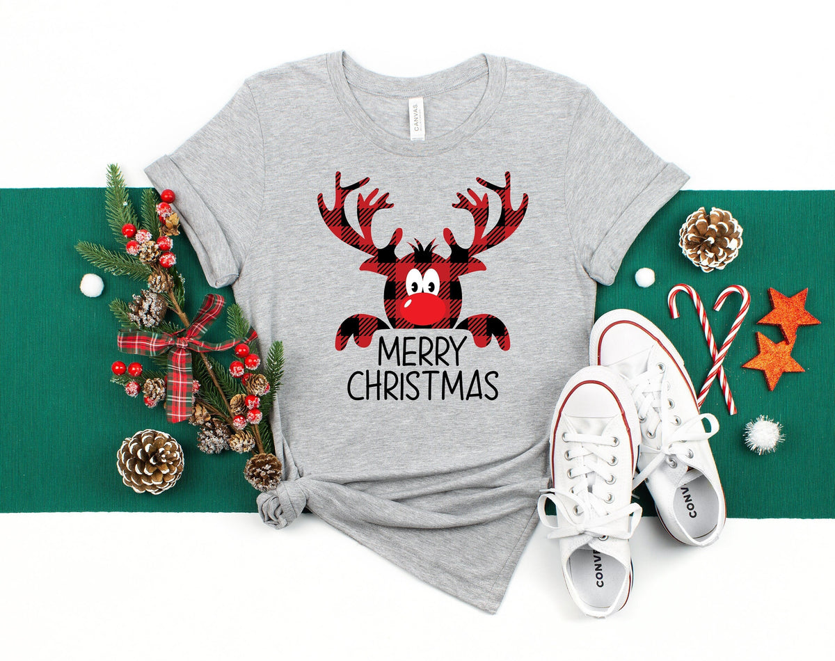 Buffalo Plaid Reindeer Christmas Shirt: Peeping Xmas Family Tee