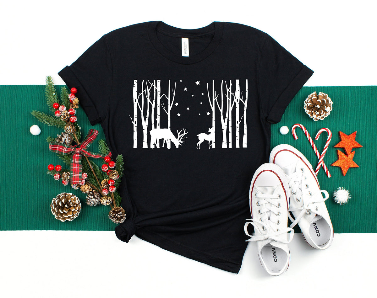 Winter Scene Shirt: Deer, Trees, Stars - Holiday Tee