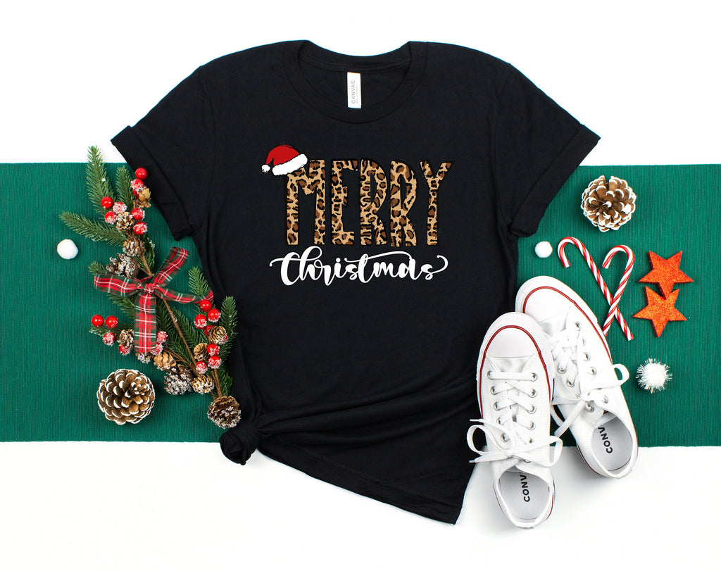 Leopard Print Merry Christmas Shirt, Family Holiday Tee
