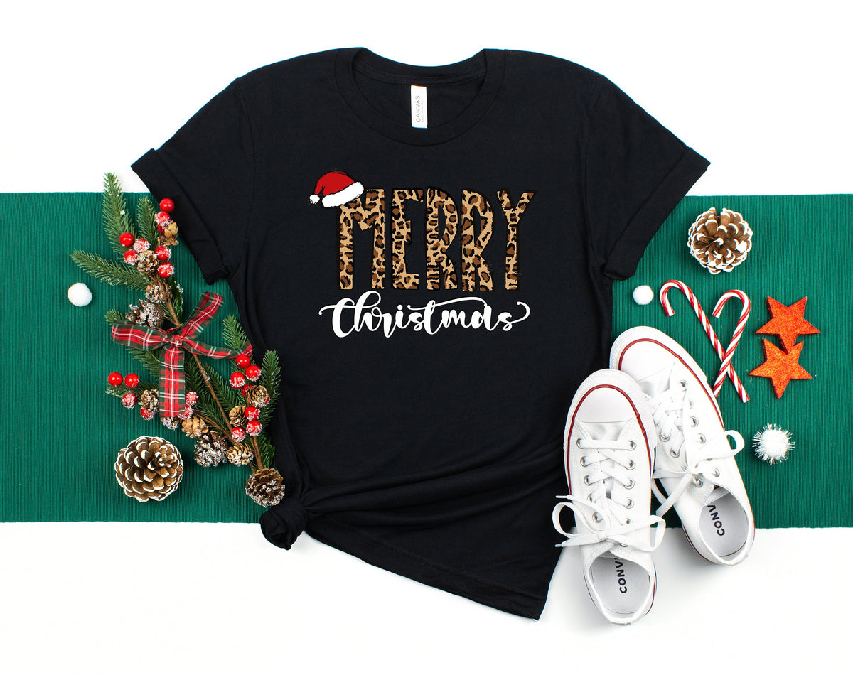 Leopard Print Merry Christmas Shirt, Family Holiday Tee