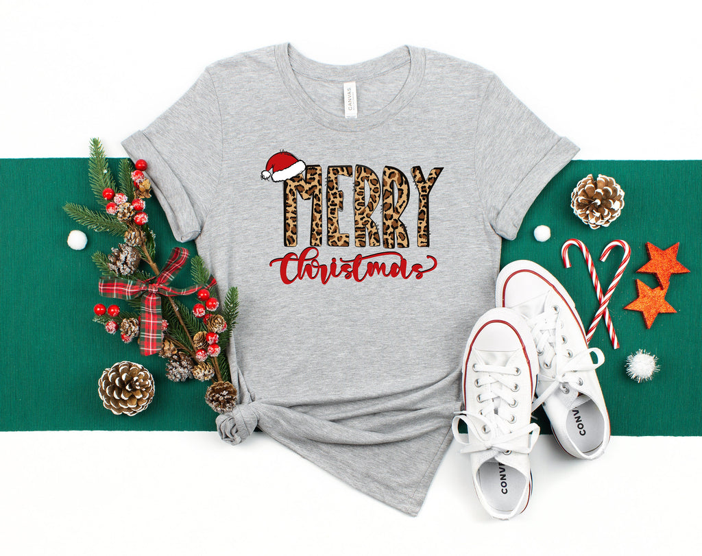 Leopard Print Merry Christmas Shirt, Family Holiday Tee