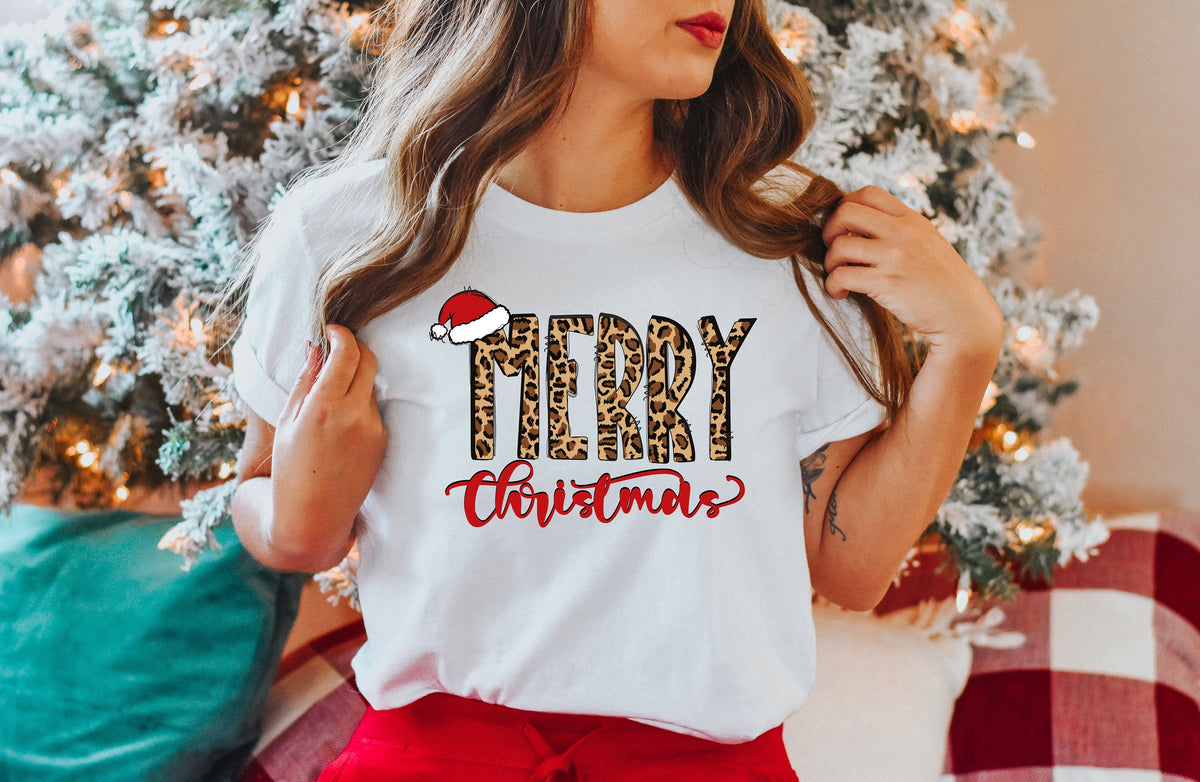 Leopard Print Merry Christmas Shirt, Family Holiday Tee