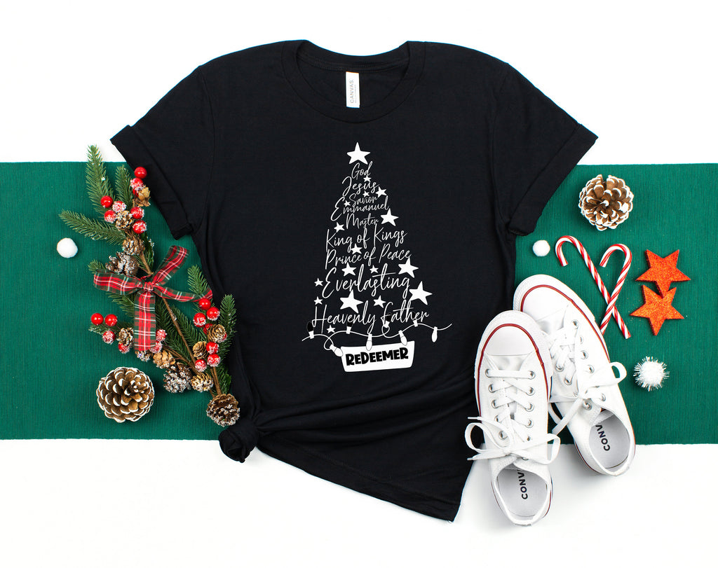 Names of Jesus Christmas Tree Shirt: Holiday Cotton Tee