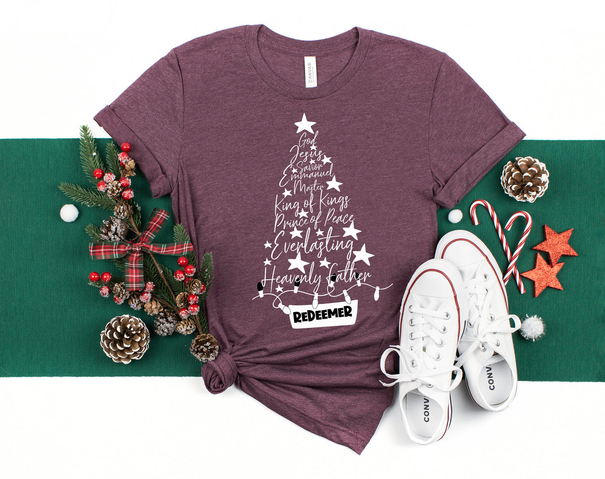 Names of Jesus Christmas Tree Shirt: Holiday Cotton Tee