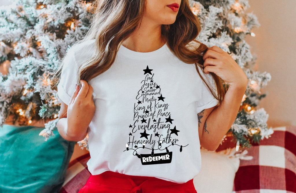 Names of Jesus Christmas Tree Shirt: Holiday Cotton Tee