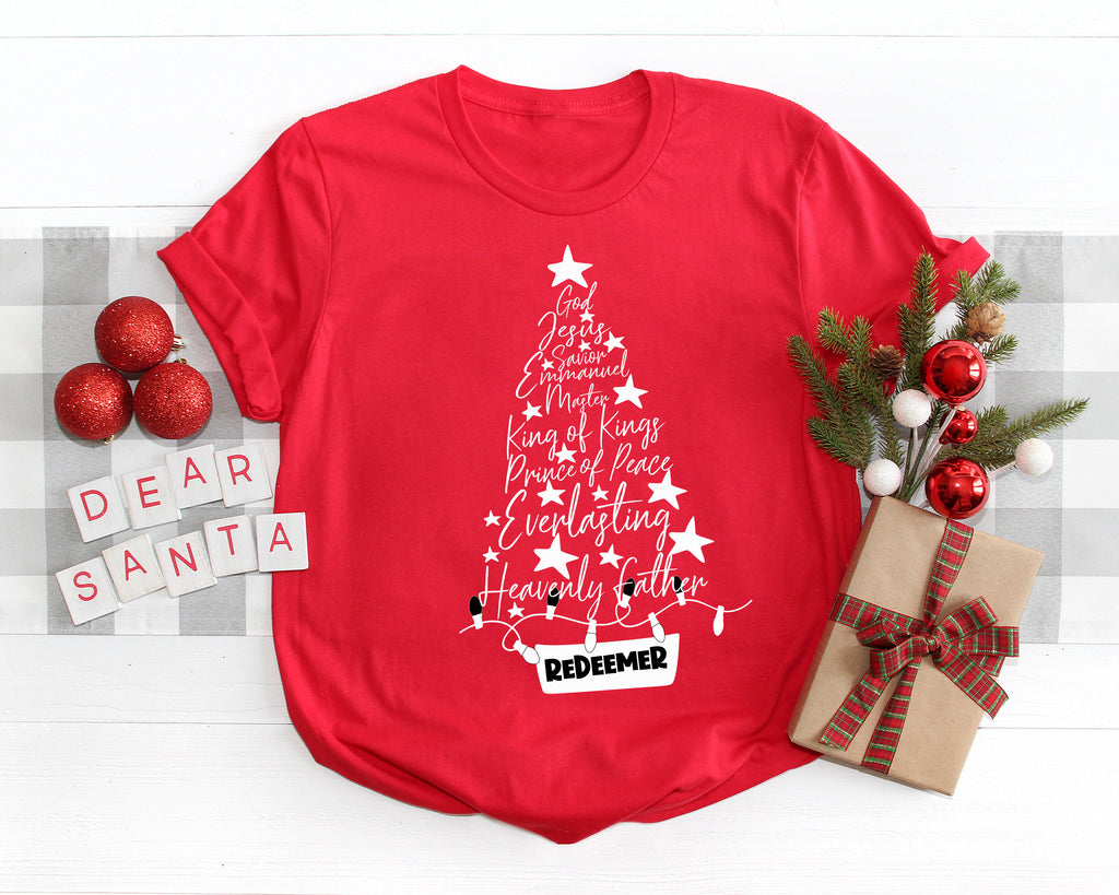 Names of Jesus Christmas Tree Shirt: Holiday Cotton Tee