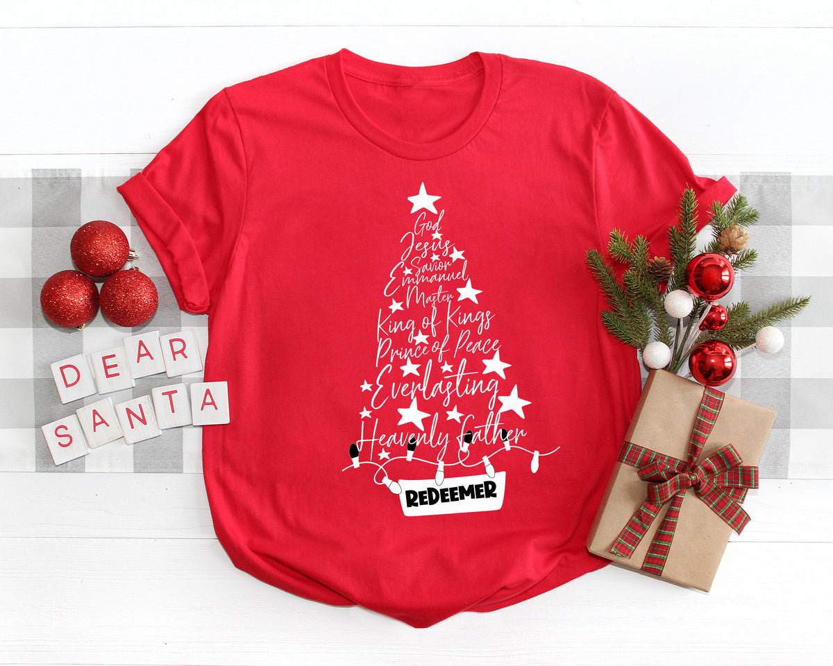 Names of Jesus Christmas Tree Shirt: Holiday Cotton Tee