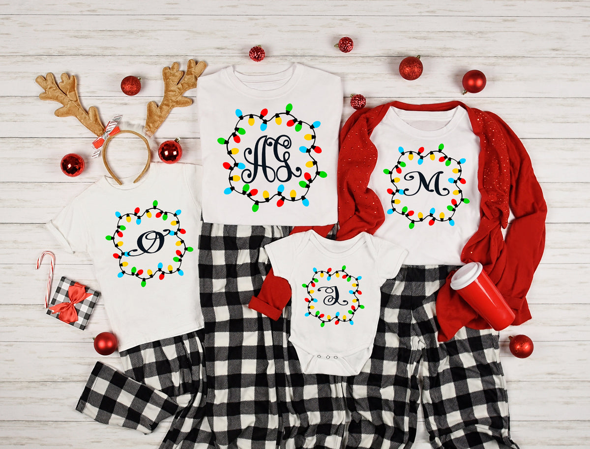Christmas Lights Monogram Shirt: Family Holiday T-Shirt