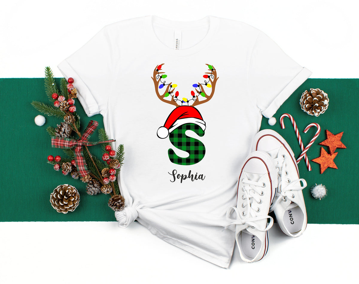 Monogrammed Christmas Family Shirt, Reindeer Antler Lights