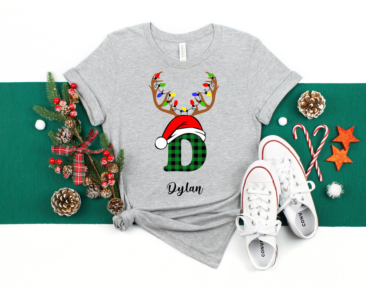 Monogrammed Christmas Family Shirt, Reindeer Antler Lights