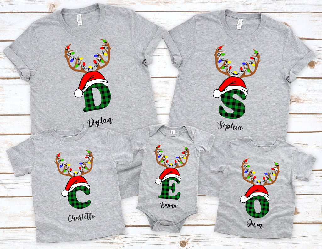 Monogrammed Christmas Family Shirt, Reindeer Antler Lights
