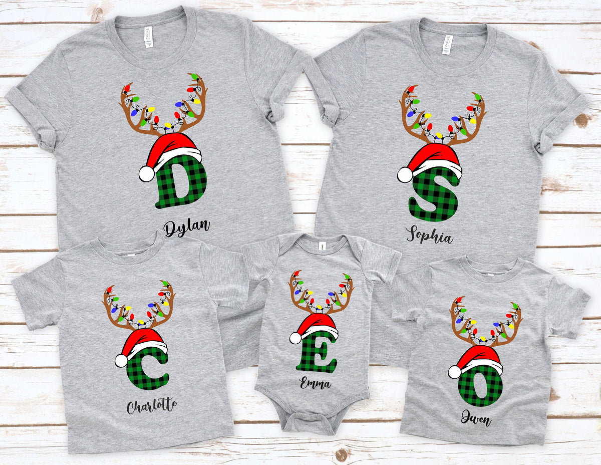 Monogrammed Christmas Family Shirt, Reindeer Antler Lights