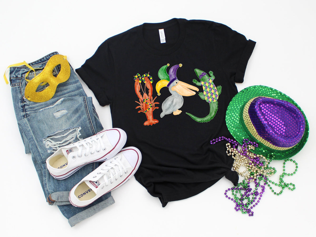 Watercolor Mardi Gras Shirt: New Orleans Tee with Crocodile