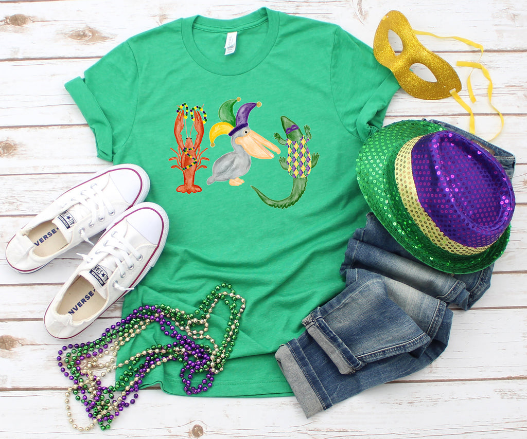 Watercolor Mardi Gras Shirt: New Orleans Tee with Crocodile