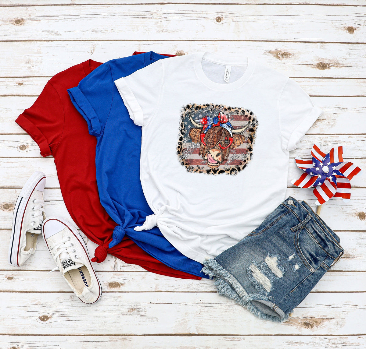 Highland Cow 4th July Shirt: Retro USA Flag Leopard Print