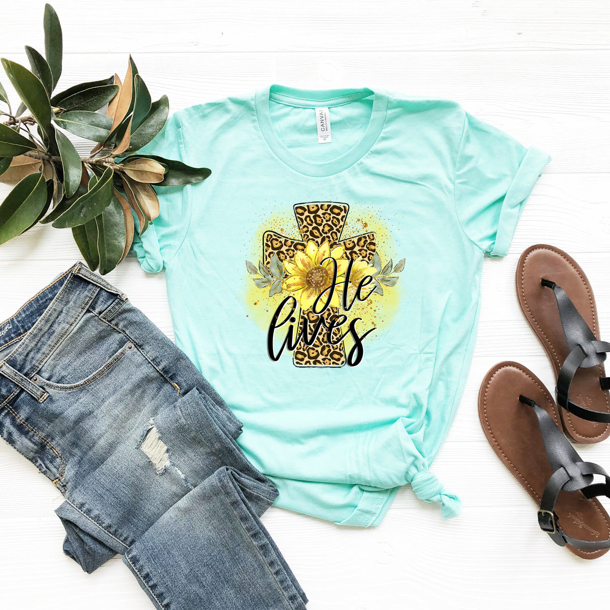 He Lives Easter Shirt: Christian Leopard Cross Graphic Tee