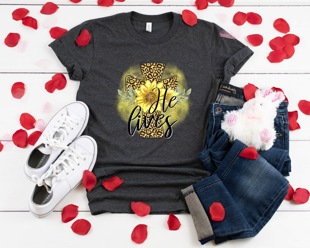 He Lives Easter Shirt: Christian Leopard Cross Graphic Tee