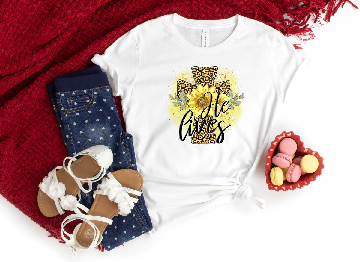 He Lives Easter Shirt: Christian Leopard Cross Graphic Tee