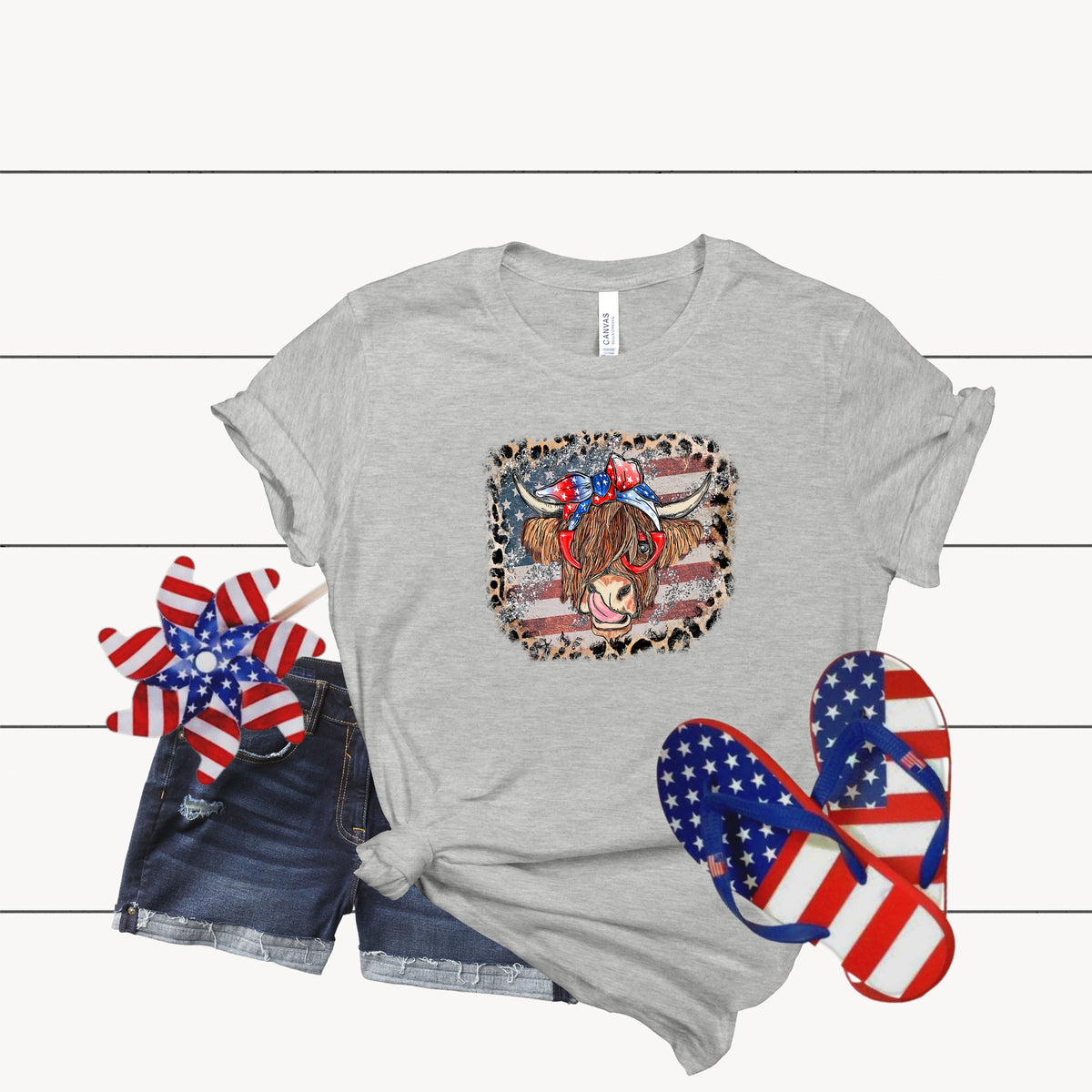 Highland Cow 4th July Shirt: Retro USA Flag Leopard Print