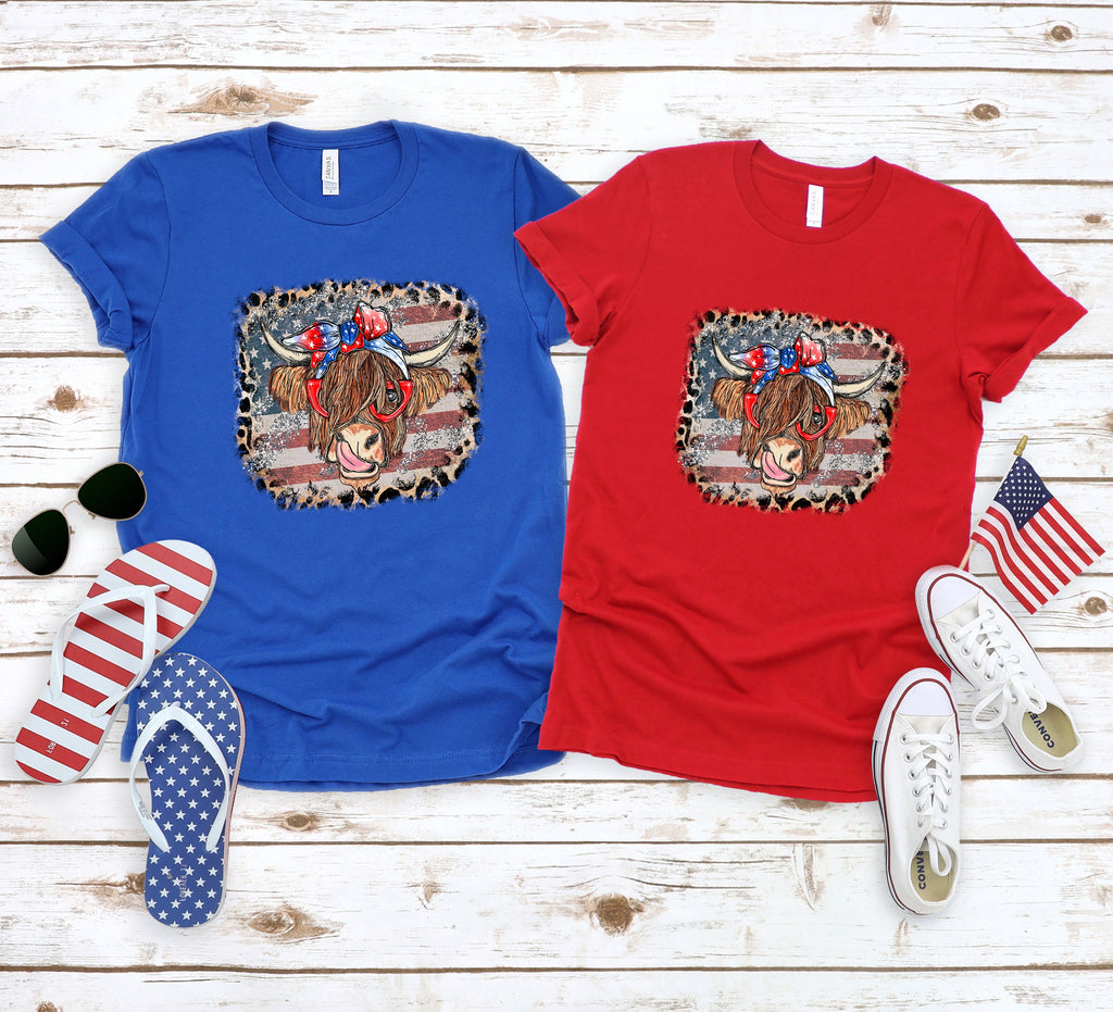 Highland Cow 4th July Shirt: Retro USA Flag Leopard Print