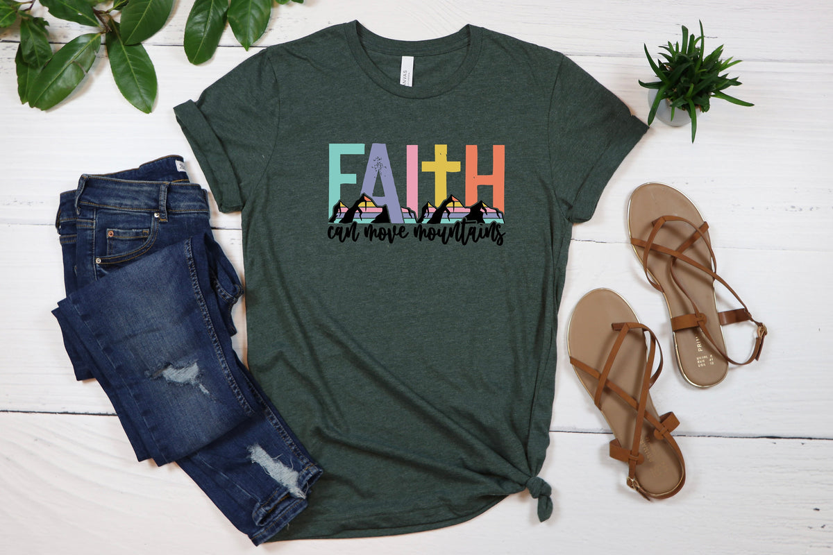 Faith Can Move Mountains T-Shirt: Christian Cross Graphic